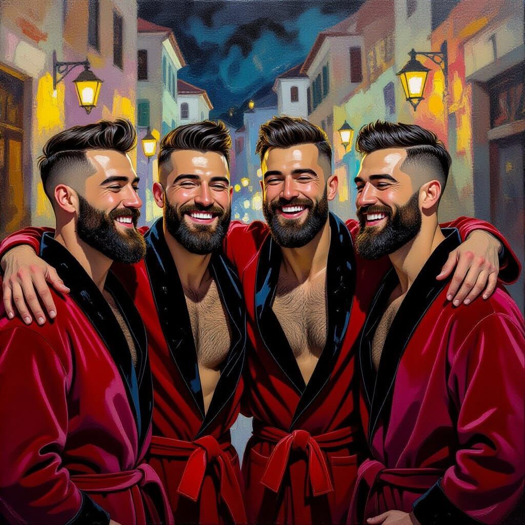 Joyful Bearded Men Hugging in City Night, Neo-Impressionist ...