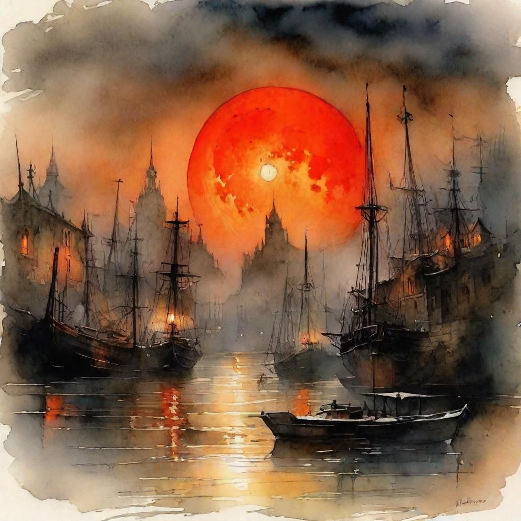 Ancient Harbor at Night: Watercolor Fantasy Art