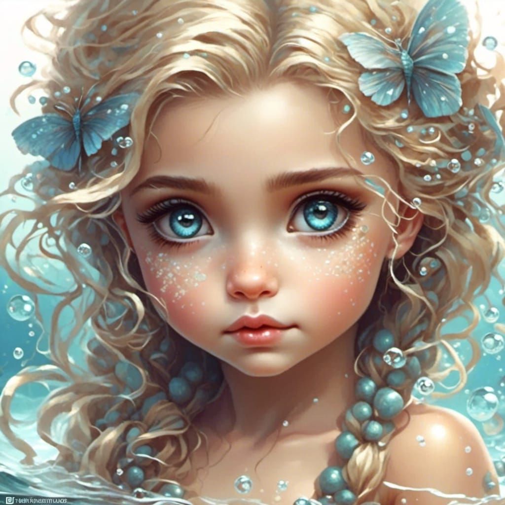 Chibi Mermaid with Golden Braids: Digital Art
