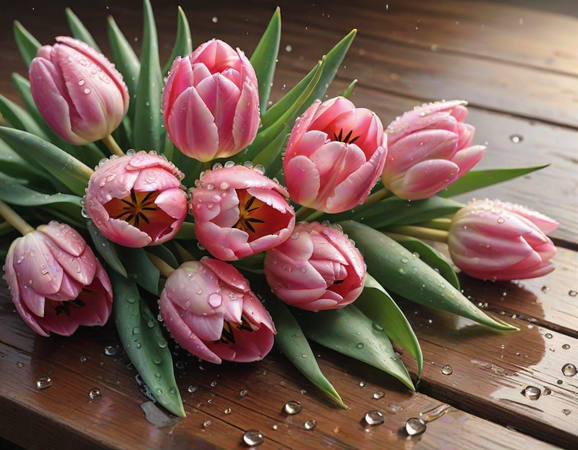 Vibrant Pink Tulips on Weathered Wood in Hyper-Realistic Sty...