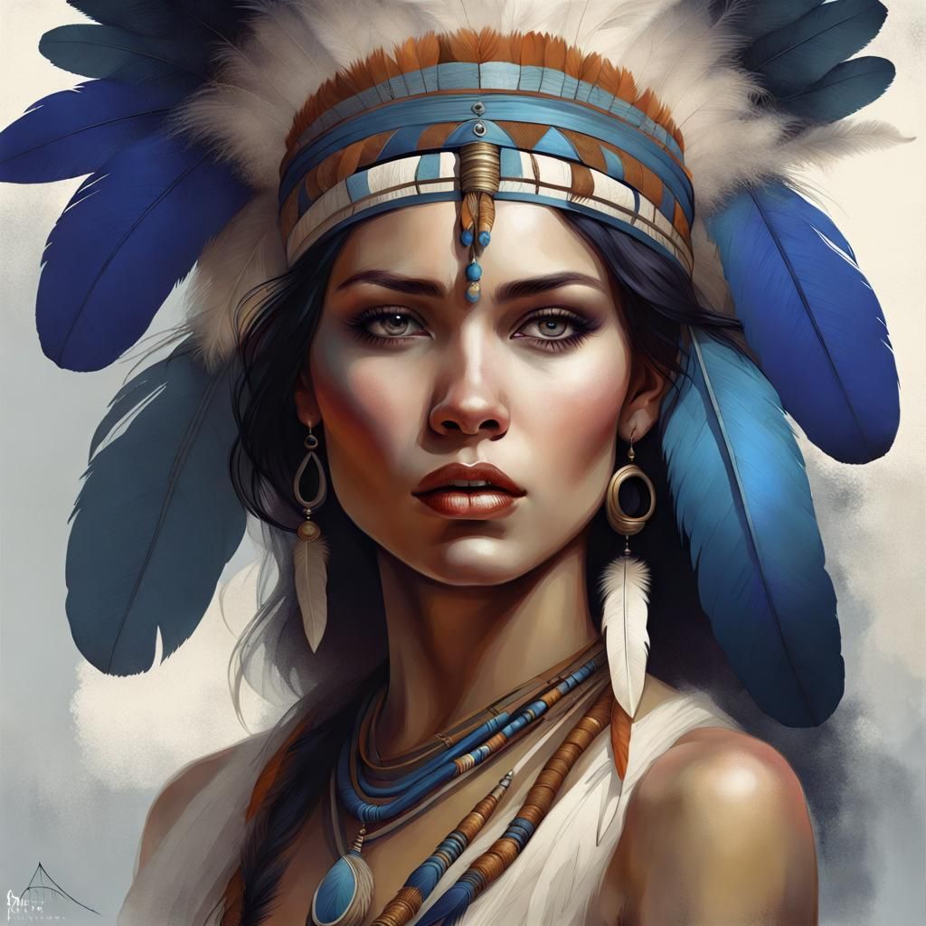 Amerindian Woman Portrait with Feathers