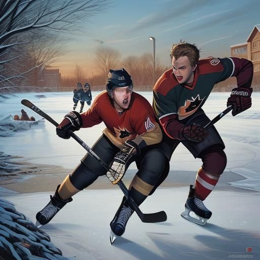 Canadian Geese Play Hockey in Comic Book Art