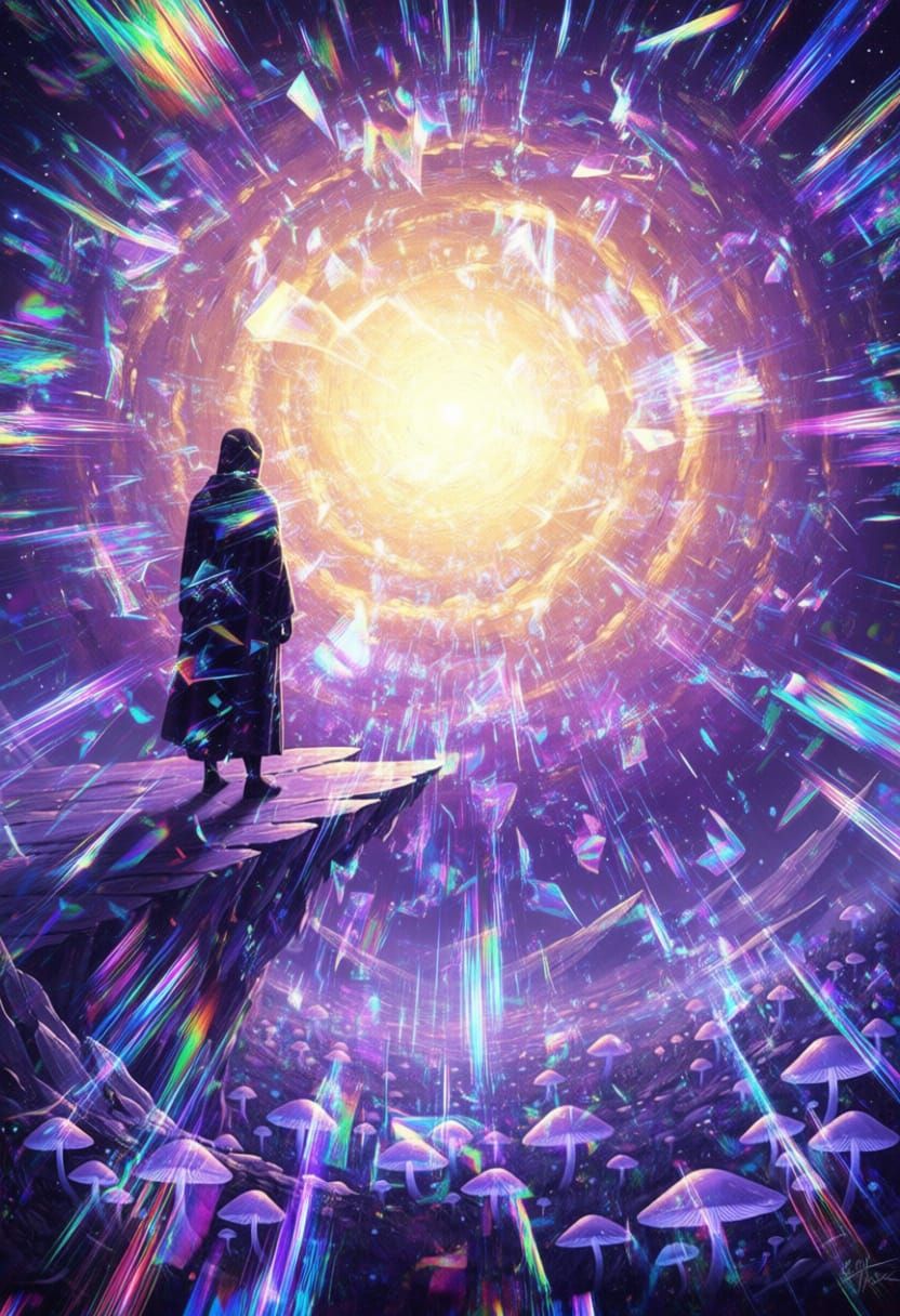 Cloaked Figure on Crystal Cliff Overlooking Amethyst Nebula