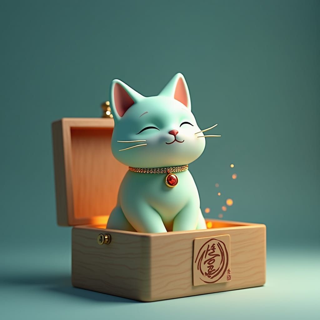 Mint Cat in Box with Japanese Kanji Art