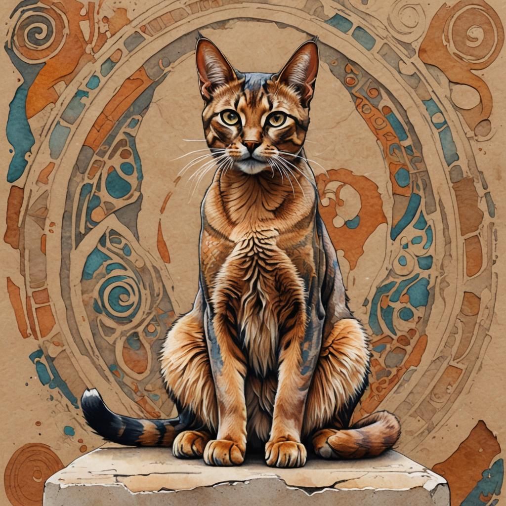 Detailed Abyssinian Cat Pencil Sketch in Art Nouveau Style
