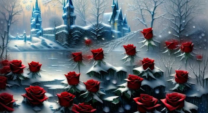 Frozen Red Rose in Morning Light: Etching Style