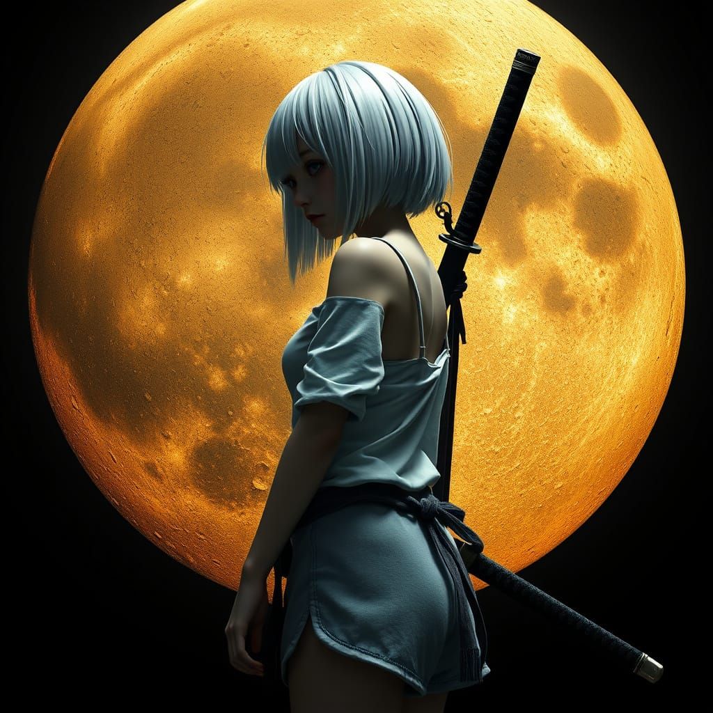 Girl with Katana on Golden Moon, Hyperdetailed Portrait