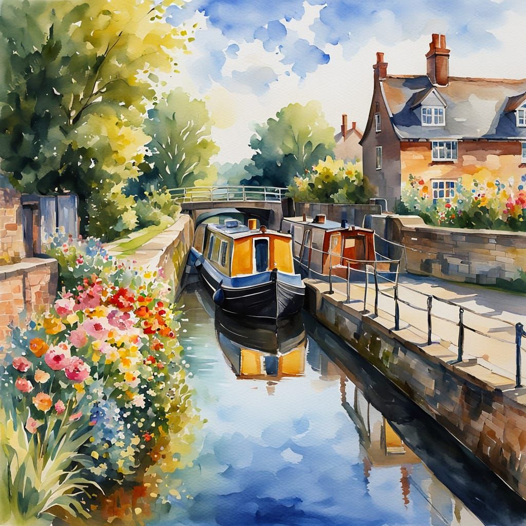 Idyllic Canal Boat Watercolor Painting