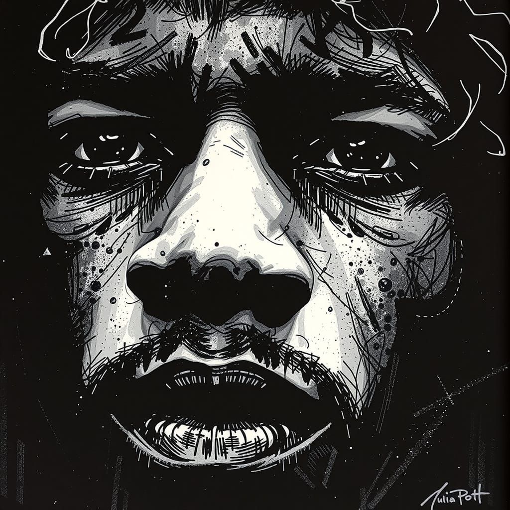 Intense Facial Close-up in Charcoal Style