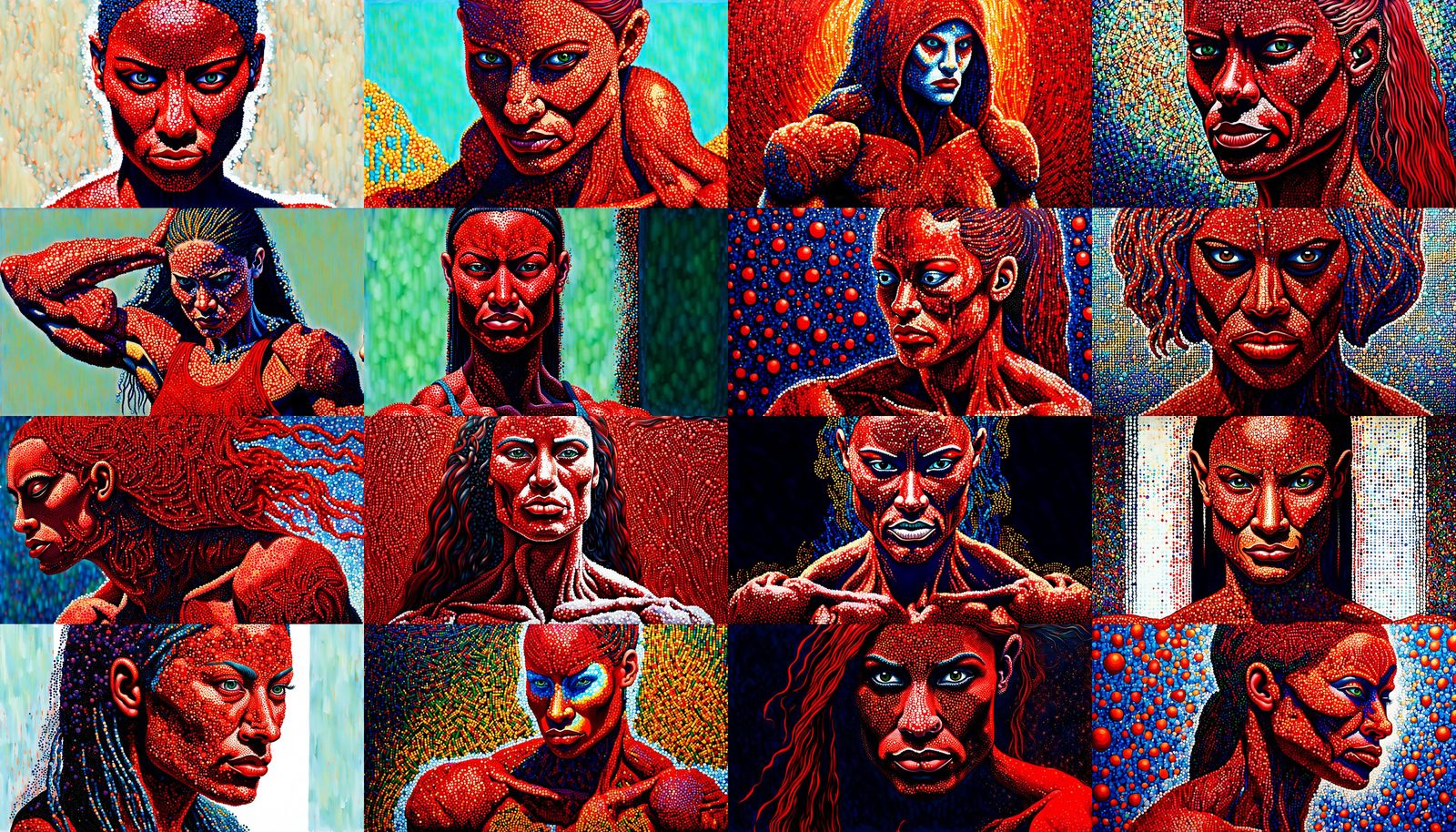 Muscular Red-Skinned Figure in Pointillism Style