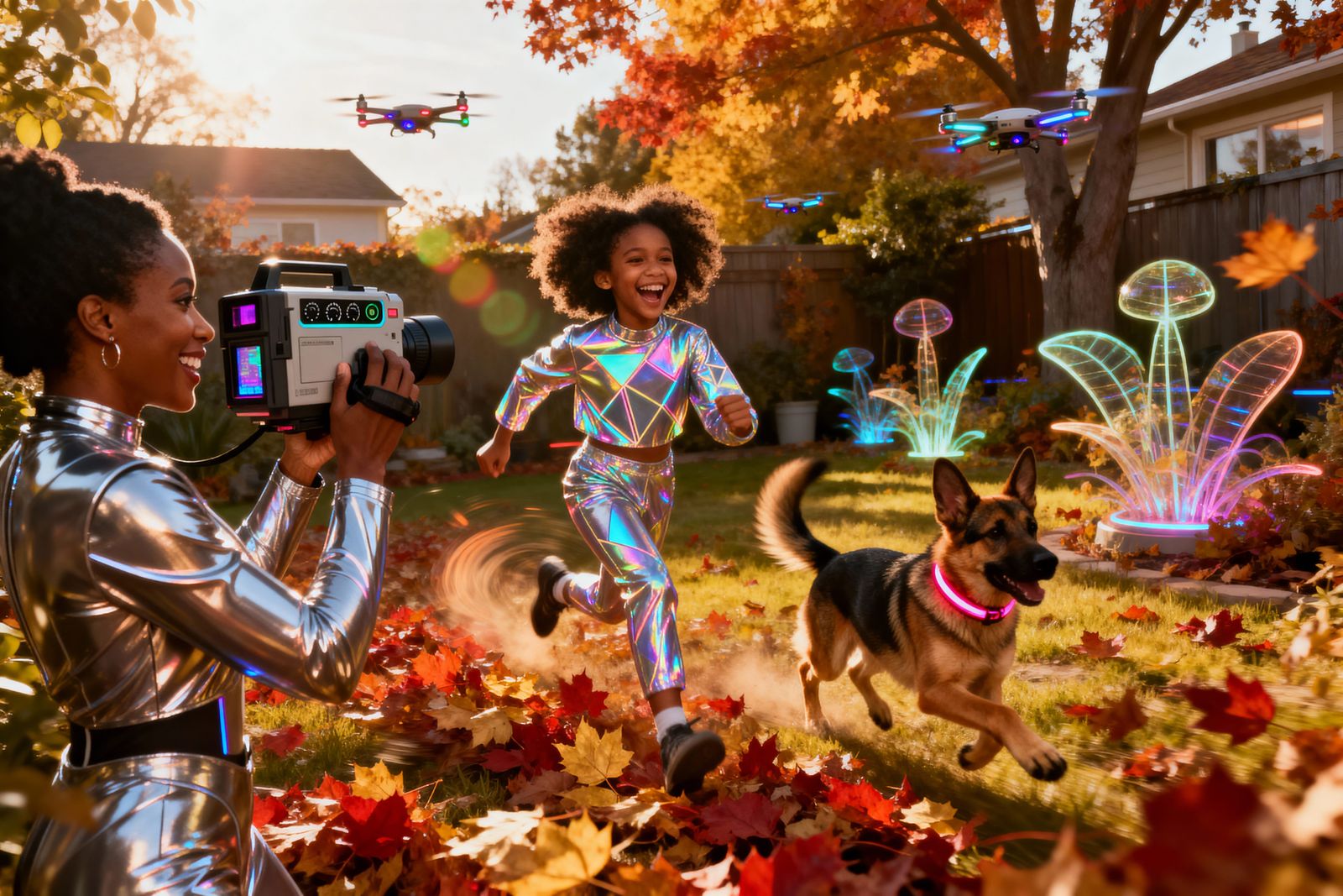 Afrofuturist Girl and Puppy in Autumn Leaves