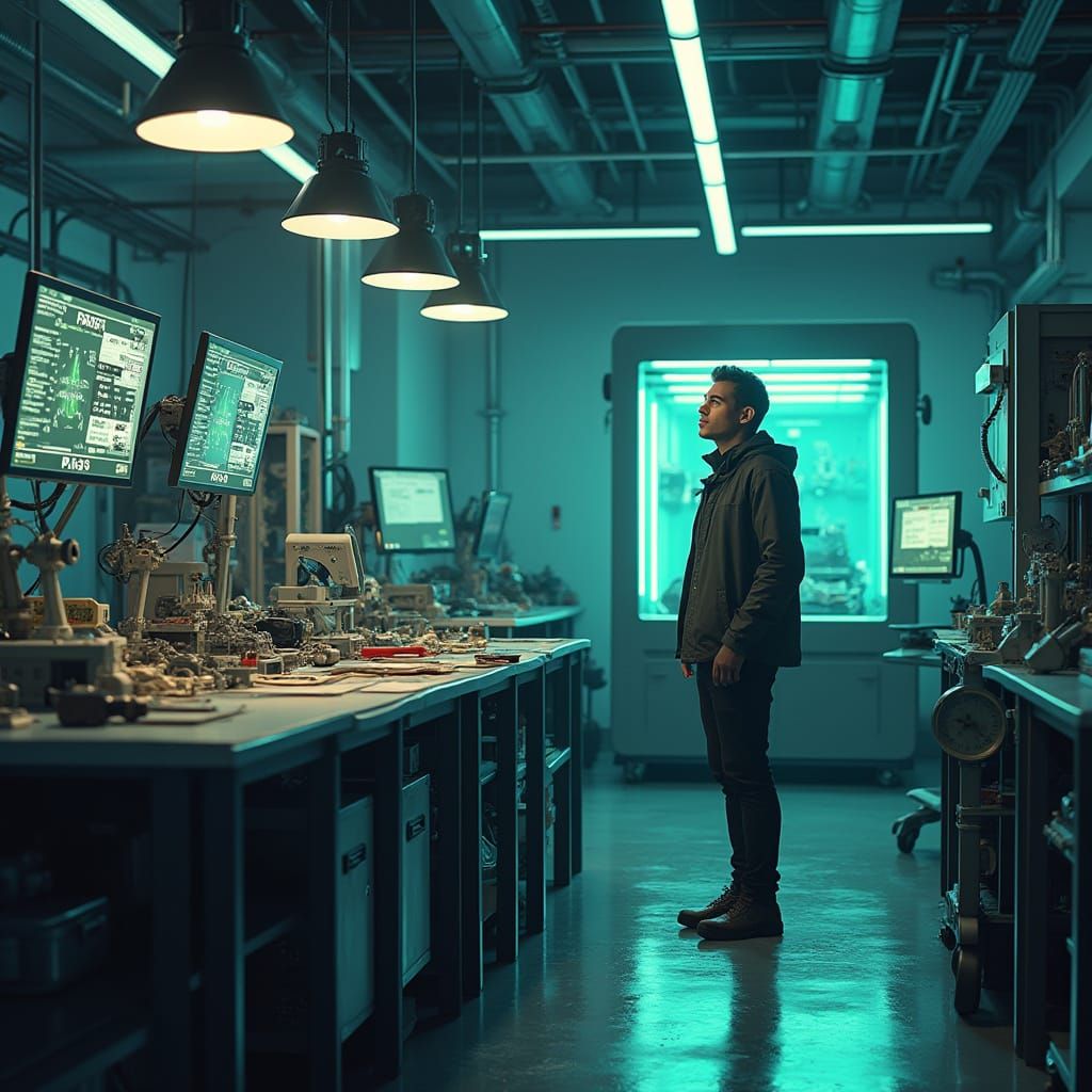 Triumphant Product Developer in Futuristic Mechanical Testin...