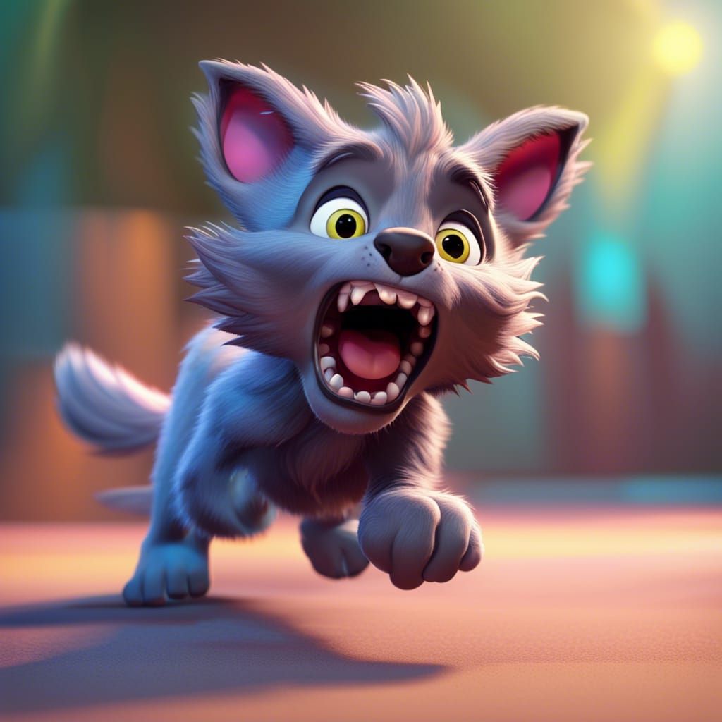 Werewolf Kitten Running: Pixar Style 3D Digital Art