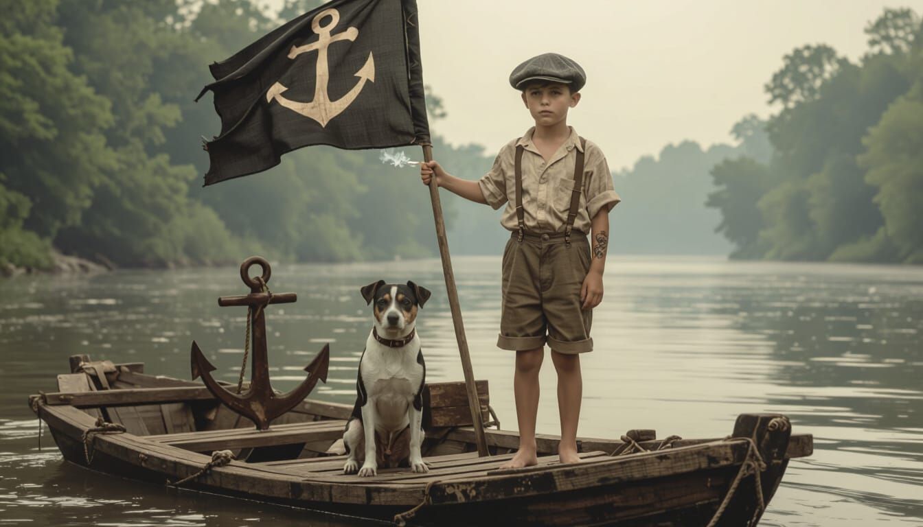 Boy Drifting on Mississippi River Raft