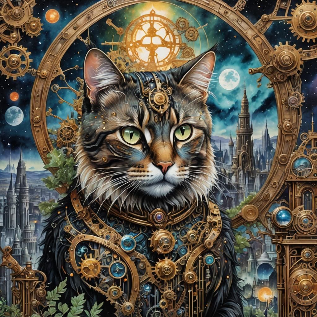 Gothic Steampunk Cat in Watercolor Cityscape