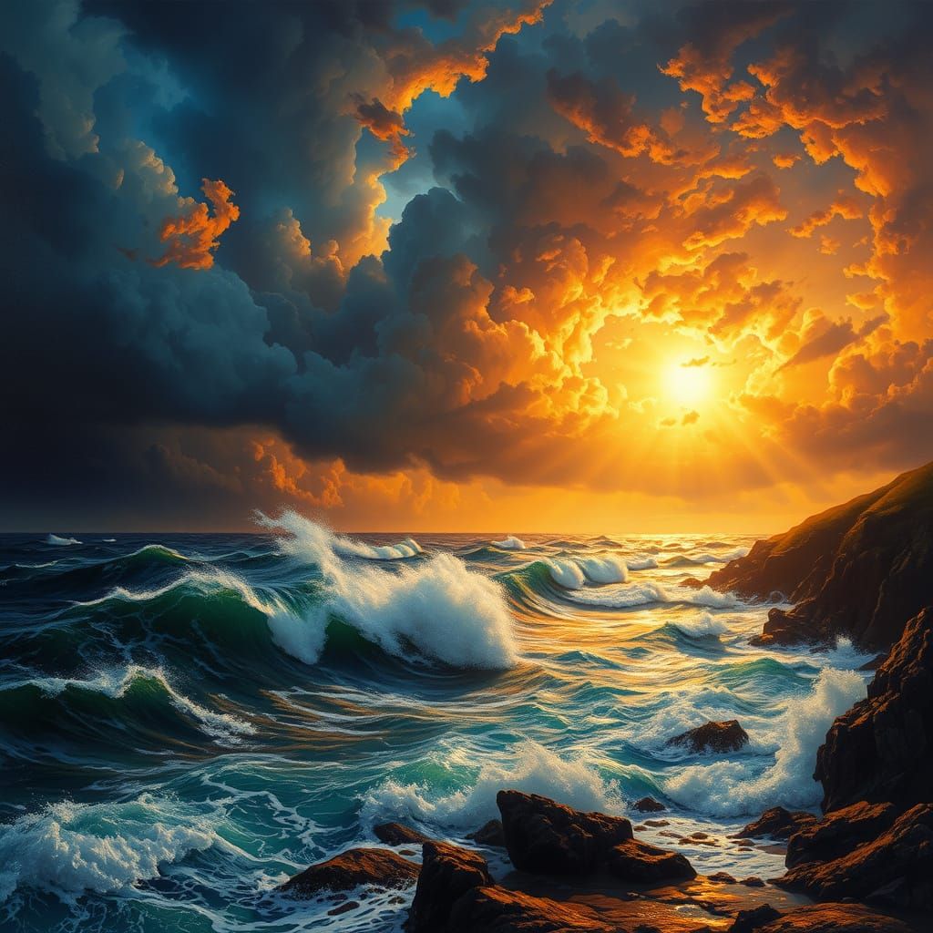 Dramatic Coastal Storm with Sunbeams