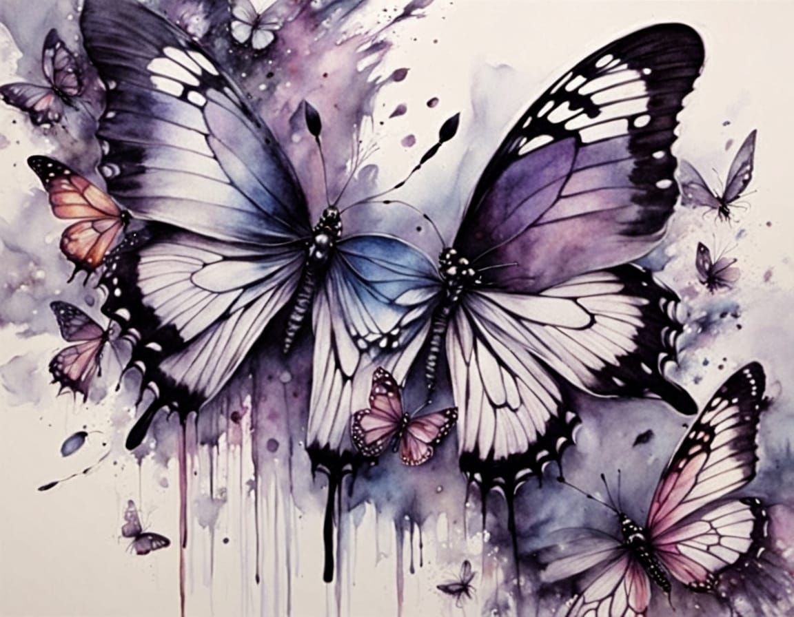3D Pencil Transforms into Butterfly Swarm in Watercolour Sty...