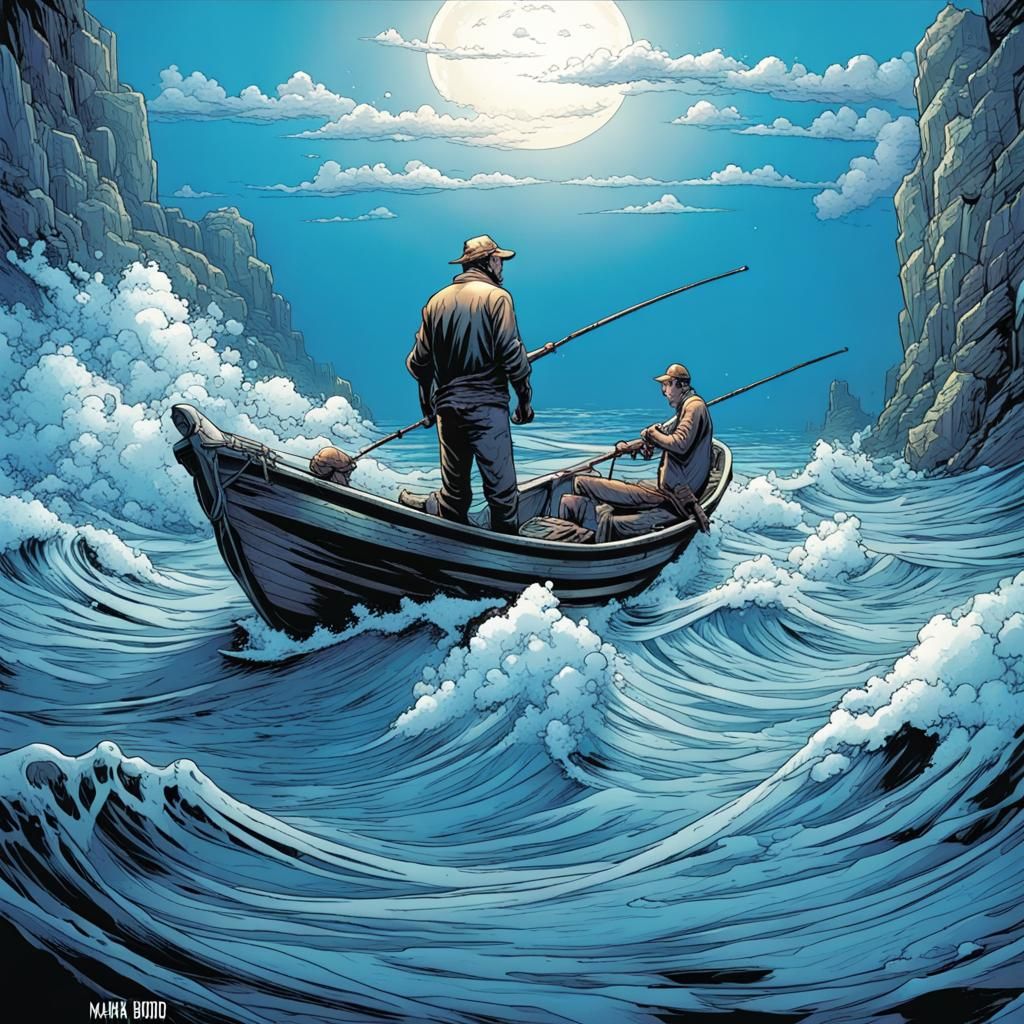 Fisherman and Grandson: Comic Book Art by the Sea