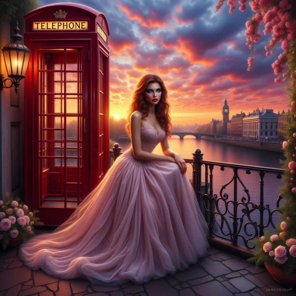 Woman on Terrace at Sunset, Oil Painting Style