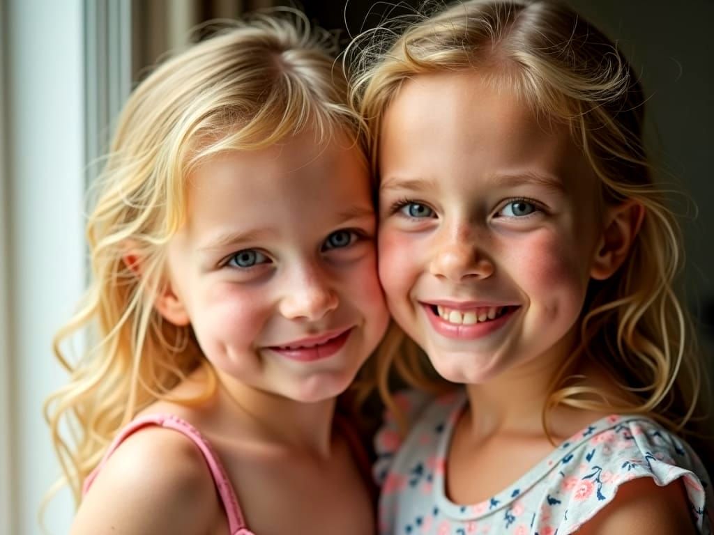 Charming Portrait of Smiling Blonde Girls in Soft Light
