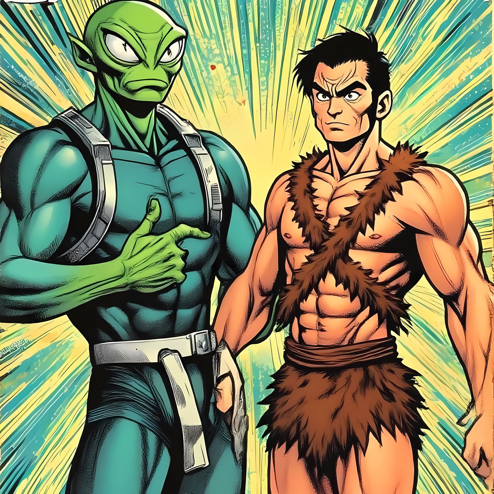 1950s EC Comics Cover: Caveman Meets Future Superhero