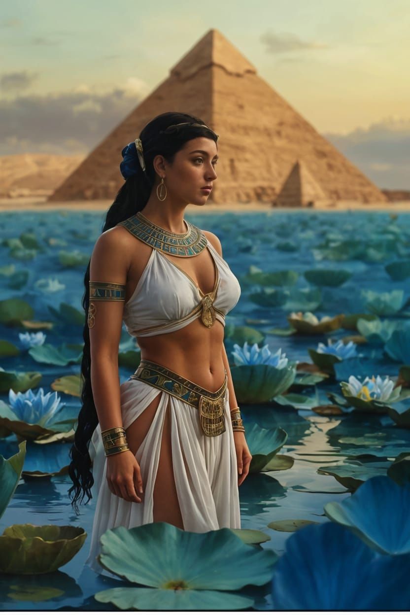 Ancient Egyptian Priestess in Lagoon of Blue Water Lilies
