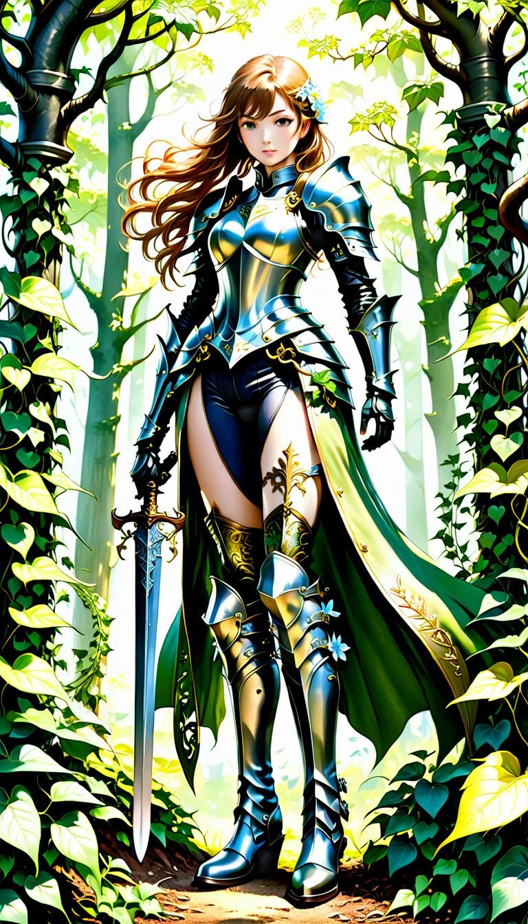 Female Knight with Floral Armor, Manga Watercolor Style