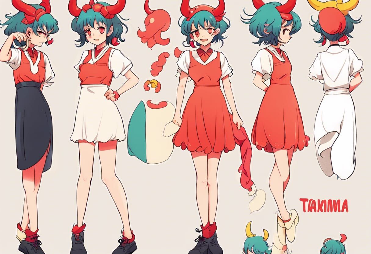 Anime Girl Character Sheet with Demon Horns