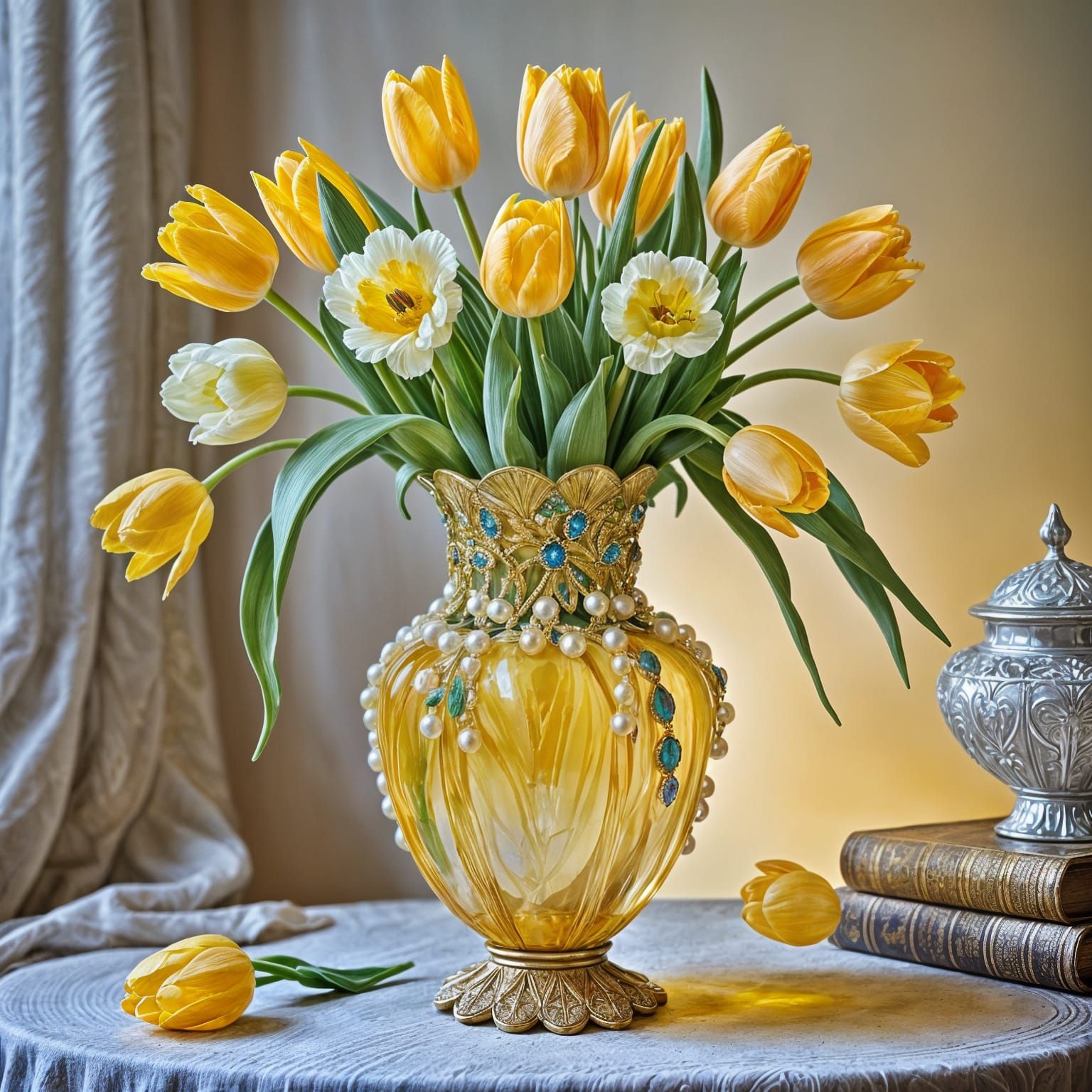 Ornate Yellow Glass Vase of Tulips