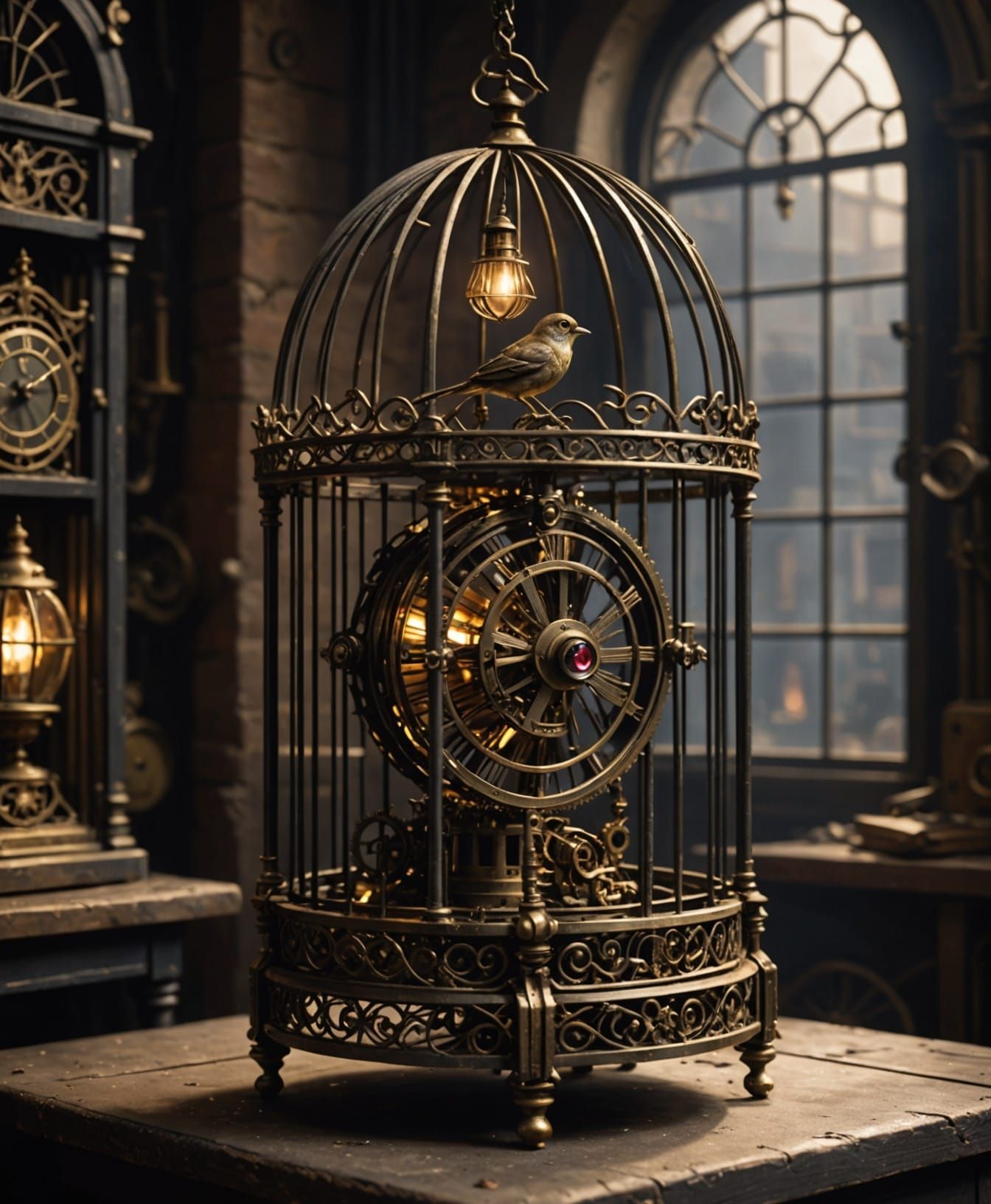 Clockwork Nightingale in Victorian Workshop