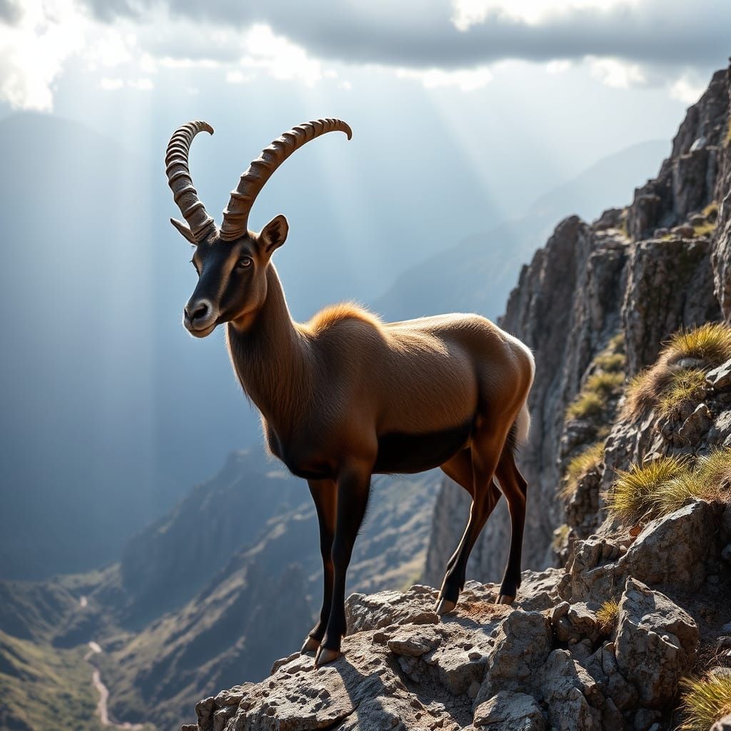 Walia Ibex on Rocky Cliff in Simien Mountains