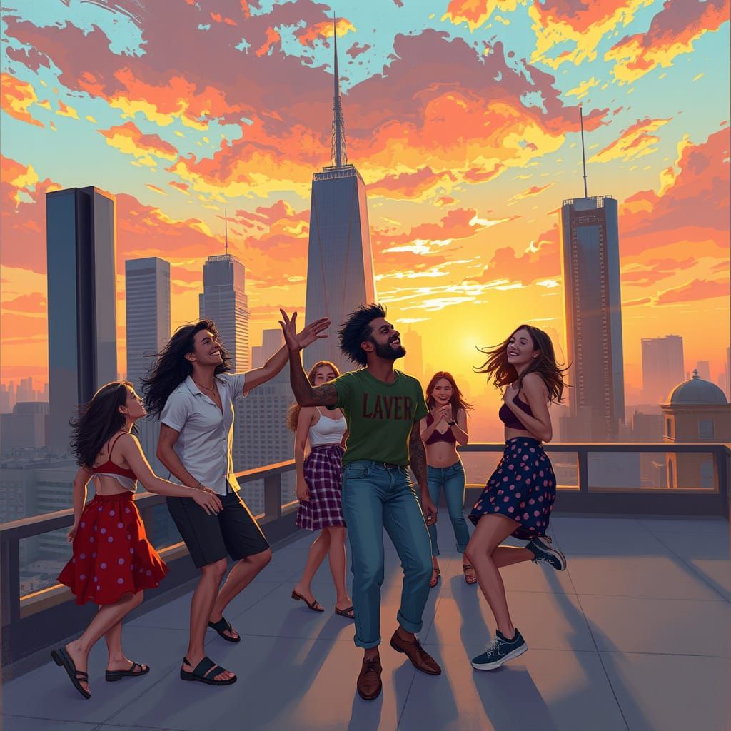 Summer Rooftop Party in Digital Painting Style