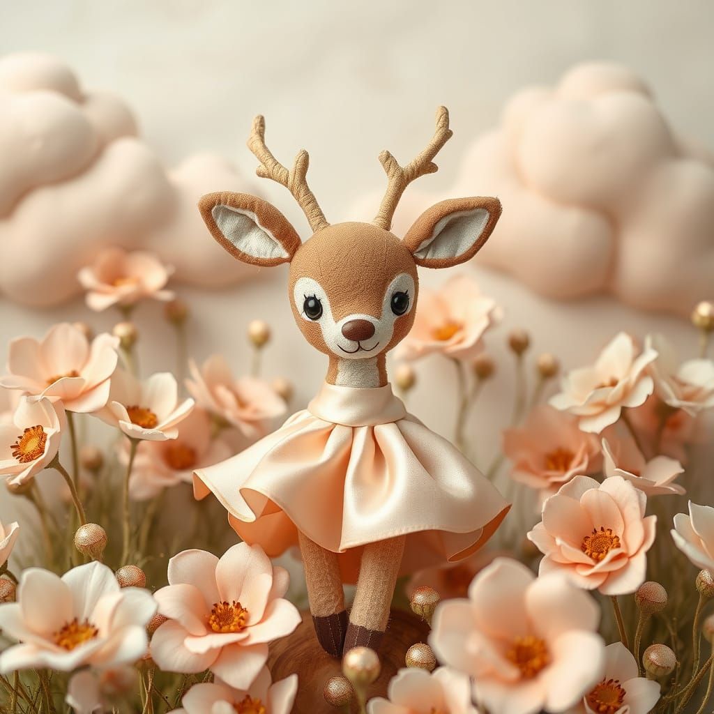 Whimsical Fabric Deer in Dreamy Meadow