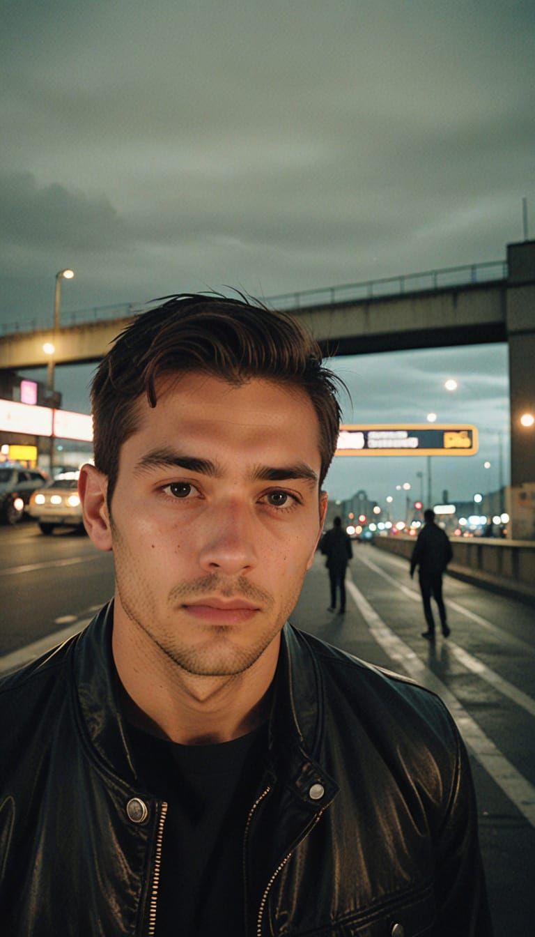 Person Under Overpass at Dusk with Urban Light Streaks