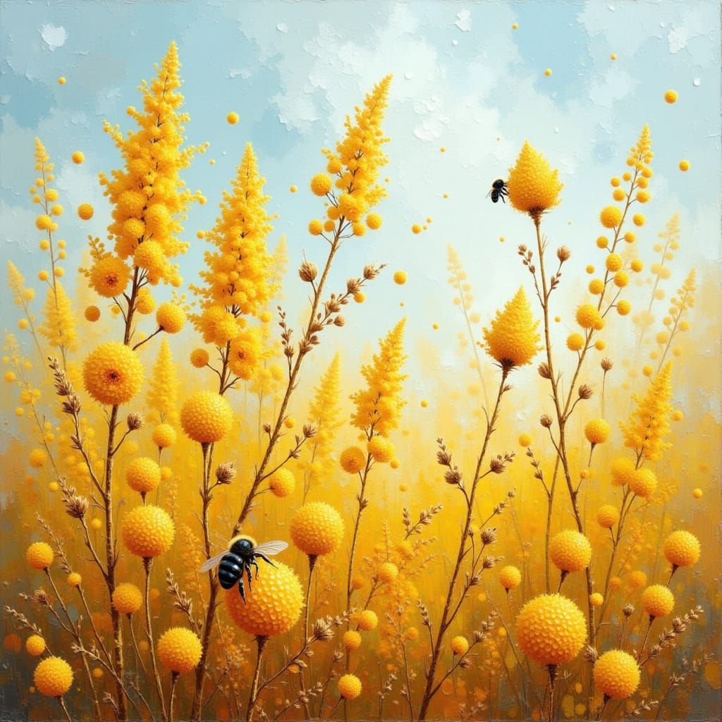 Bumblebee Foraging on Frosty Goldenrod in Morning Light