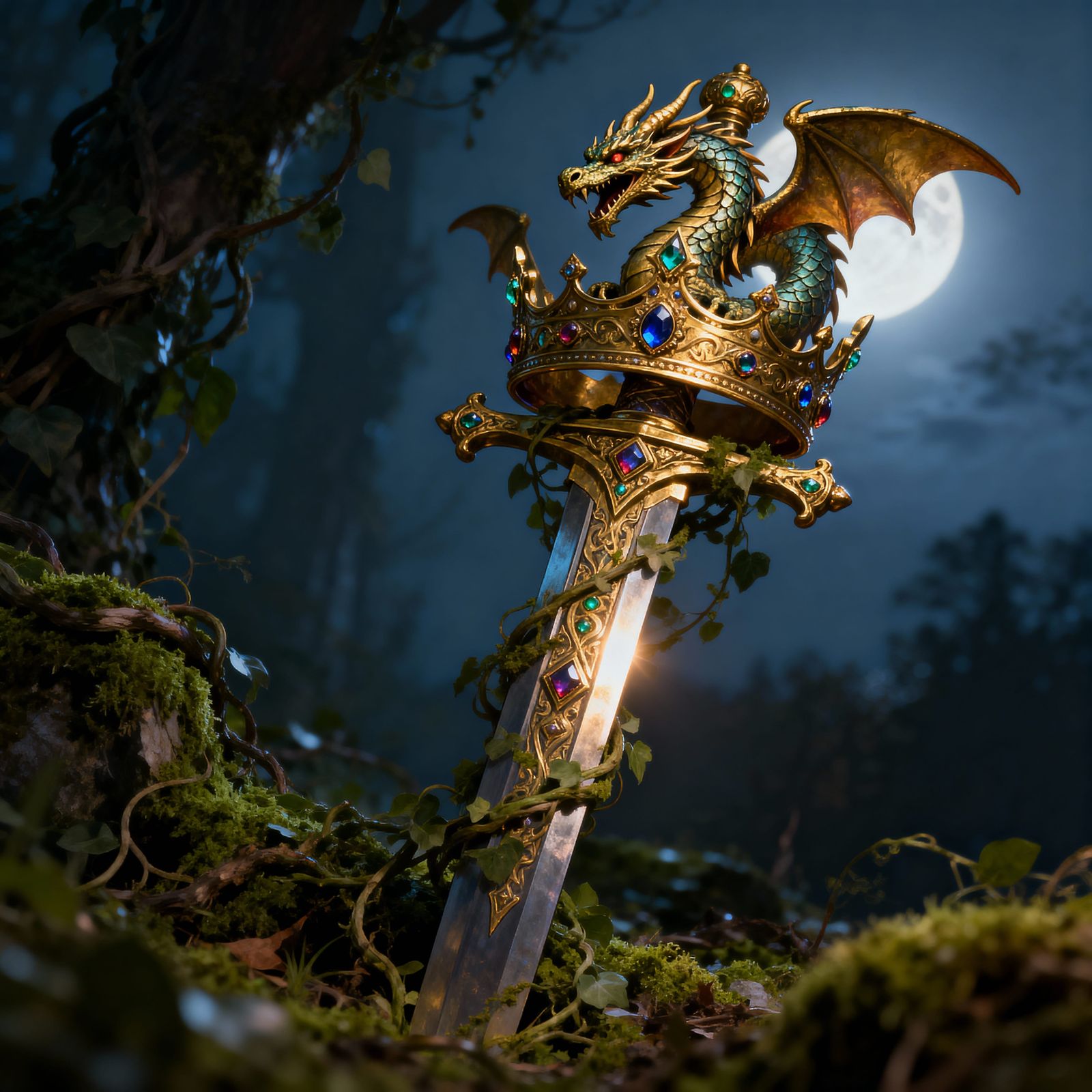 Golden Dragon Crown on Jeweled Sword in Moonlight Fantasy Ar...