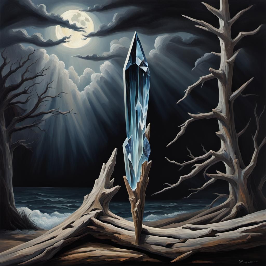 Dark Crystal Spear Embedded in Driftwood Oil Painting