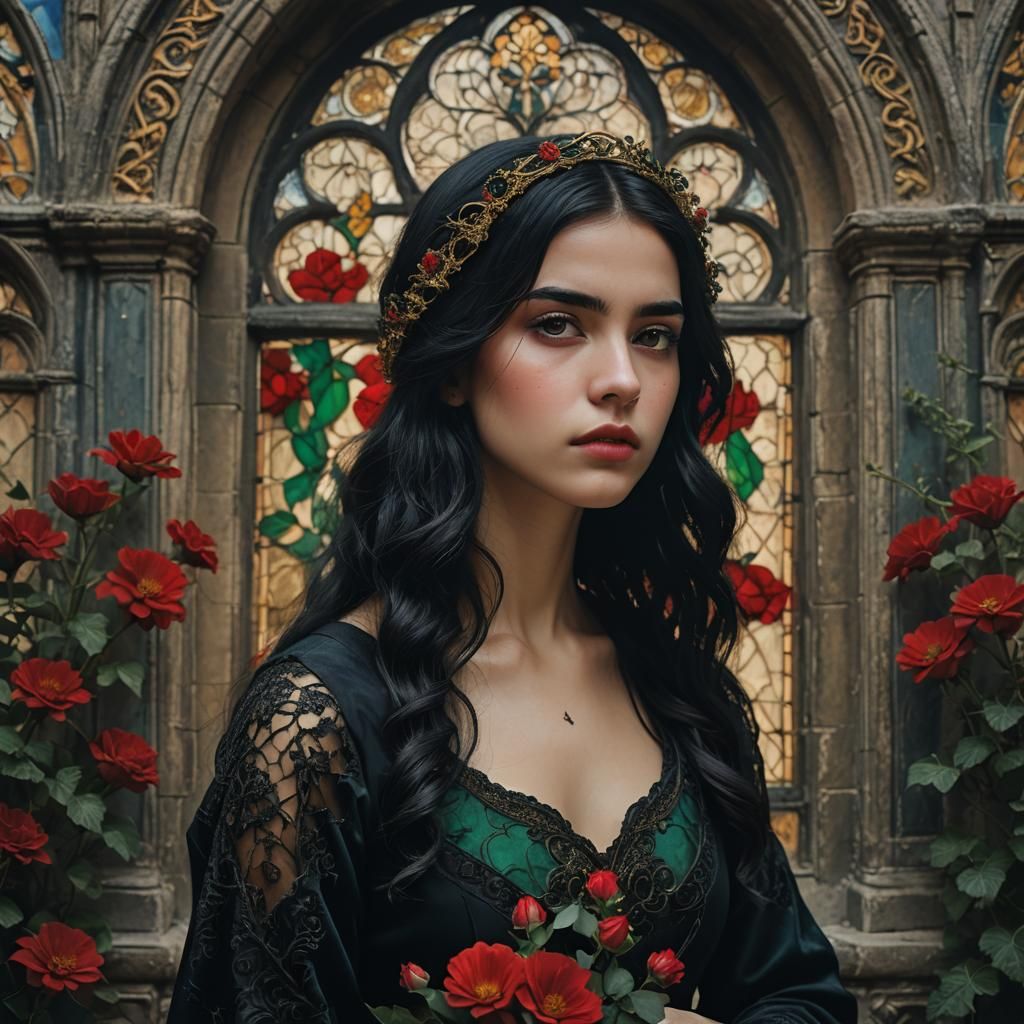 Gothic Fantasy Portrait of Spanish Girl in Pre-Raphaelite St...