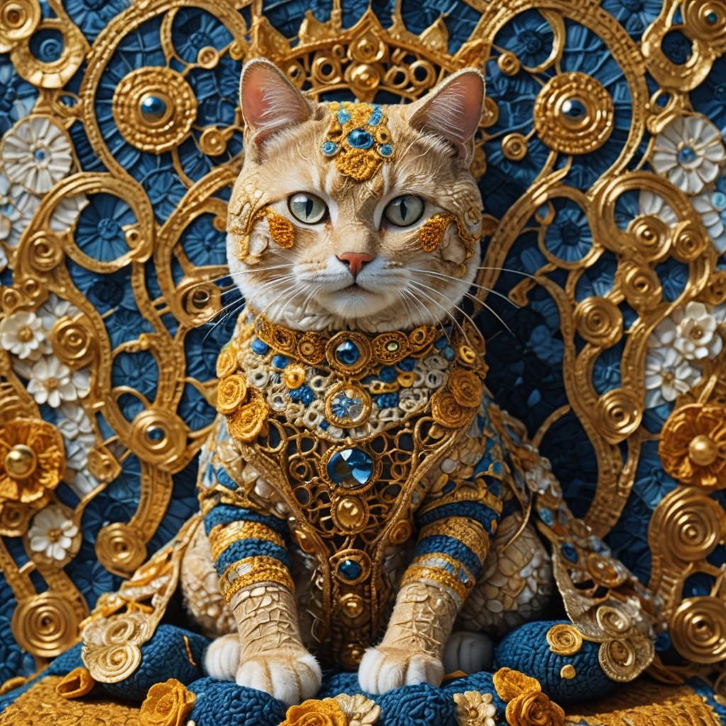 Cat on Golden Throne in Symbolist Style