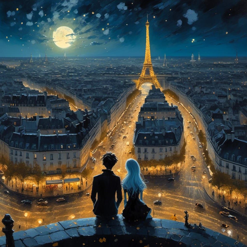 <lora:eye:1.0> A stick figure man and women overlooking Paris France at night, nightmare before Christmas style,