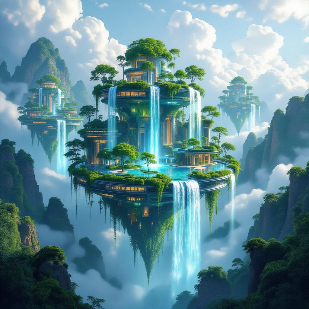Futuristic Floating City with Glowing Waterfalls