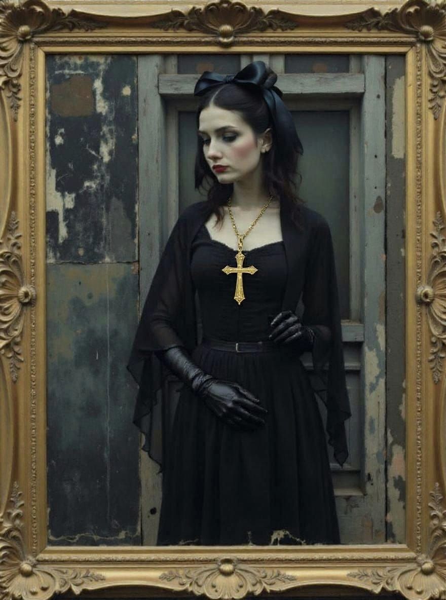 Gothic Portrait with Gilded Frame and Dark Atmosphere