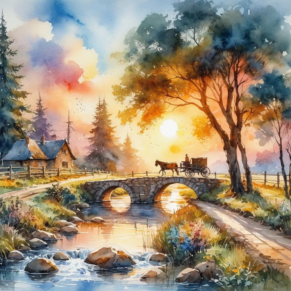 Watercolor Countryside Scene with Horse and Cart