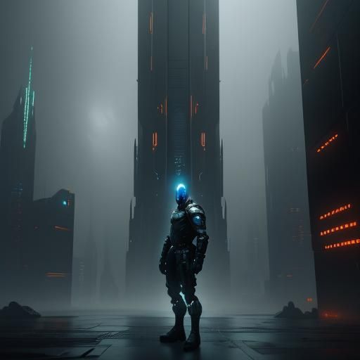 Futuristic Spacesuit in Dystopian Cyberpunk Cityscape
