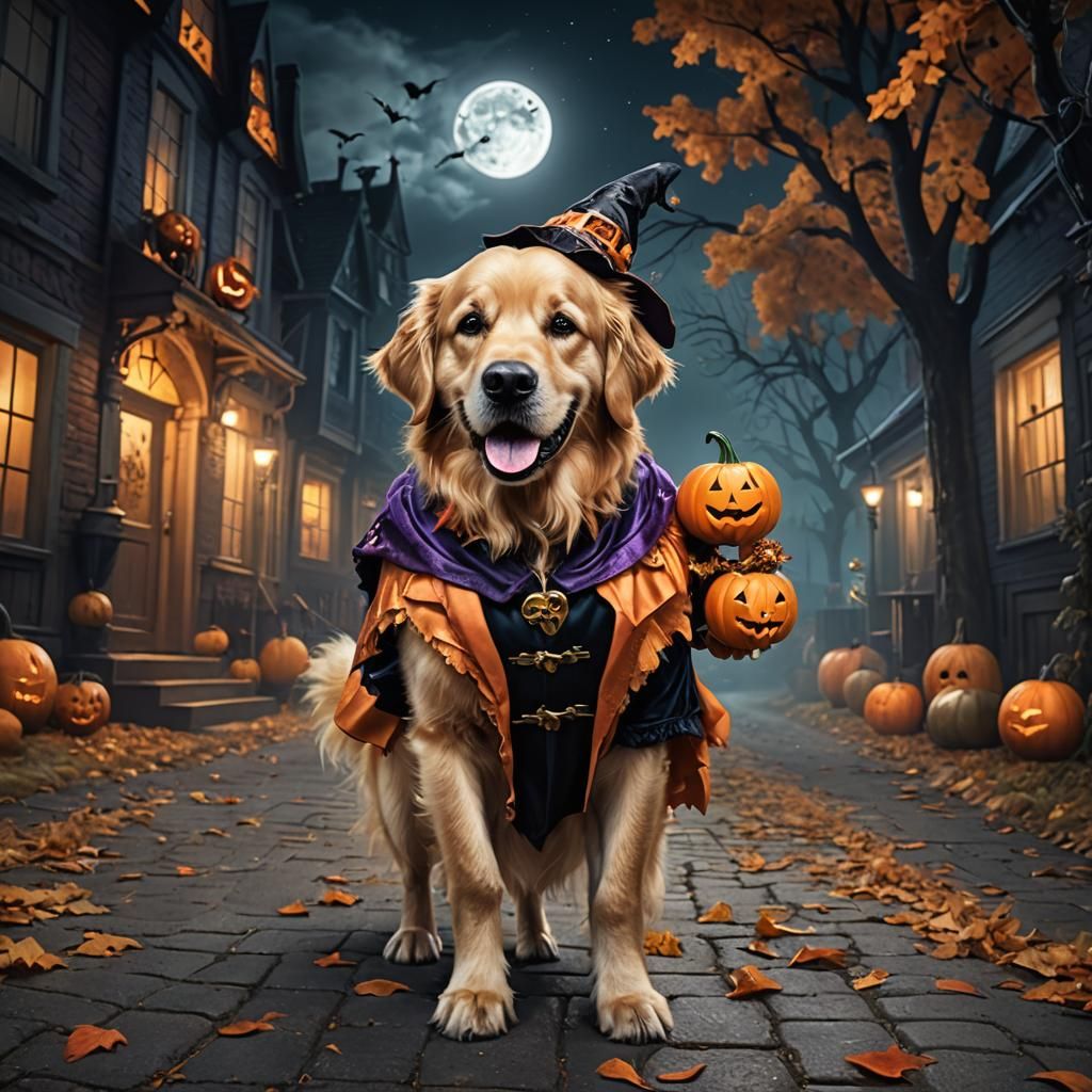 Golden Retriever's Halloween Trick-or-Treat Adventure