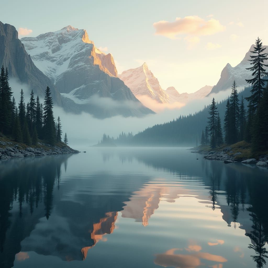 Serene Mountain Lake at Dawn: Hyperrealistic Digital Art
