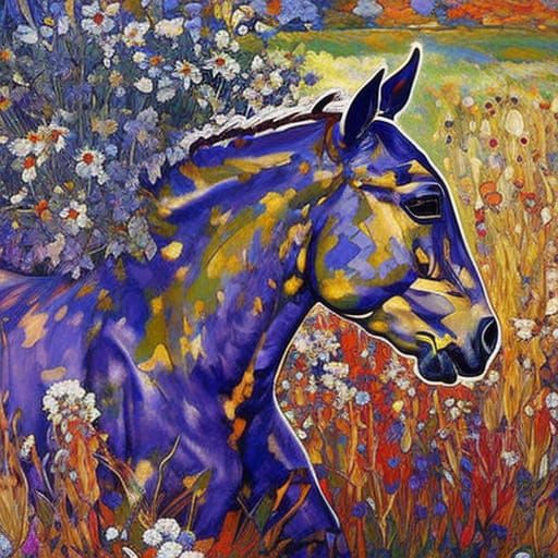 Horse in Sunlit Meadow: Expressionist Poster Art