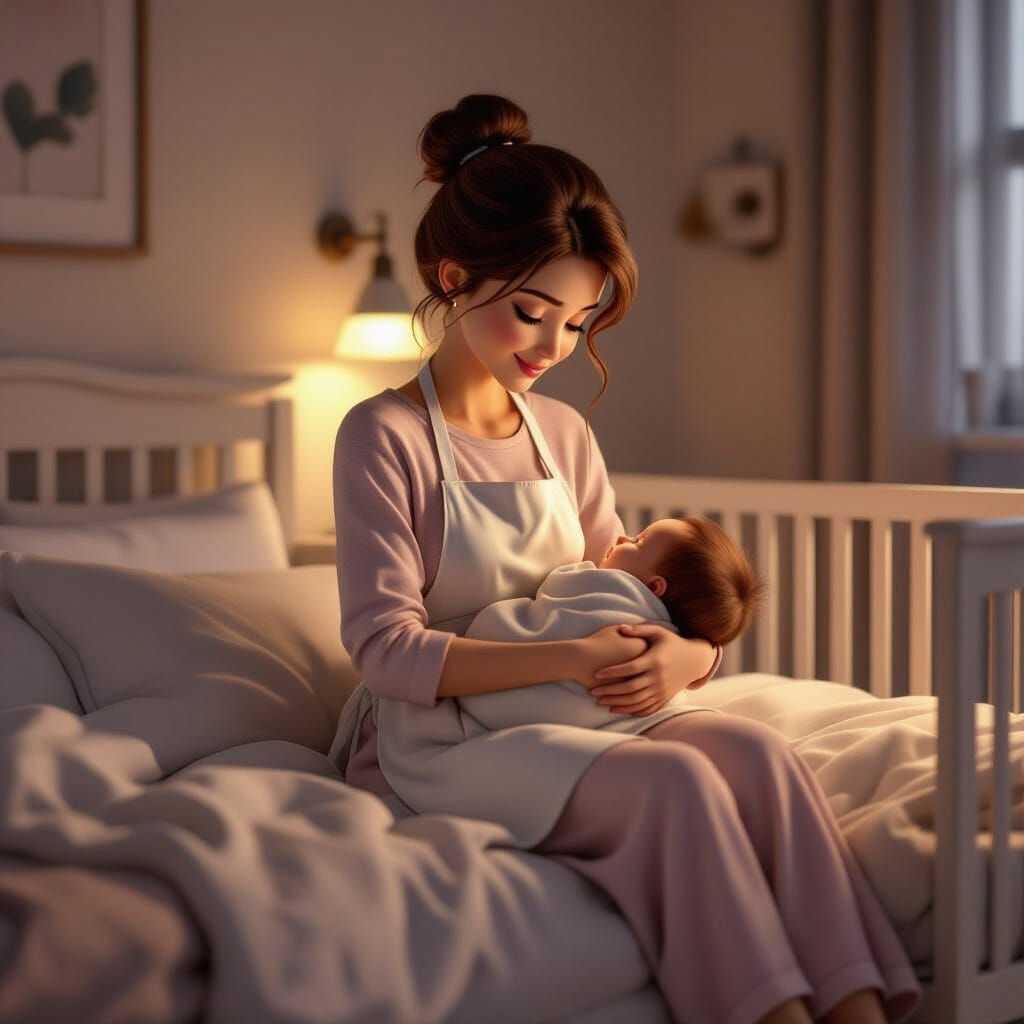 Mother Rocks Baby in Cozy Pixar-Style Bedroom