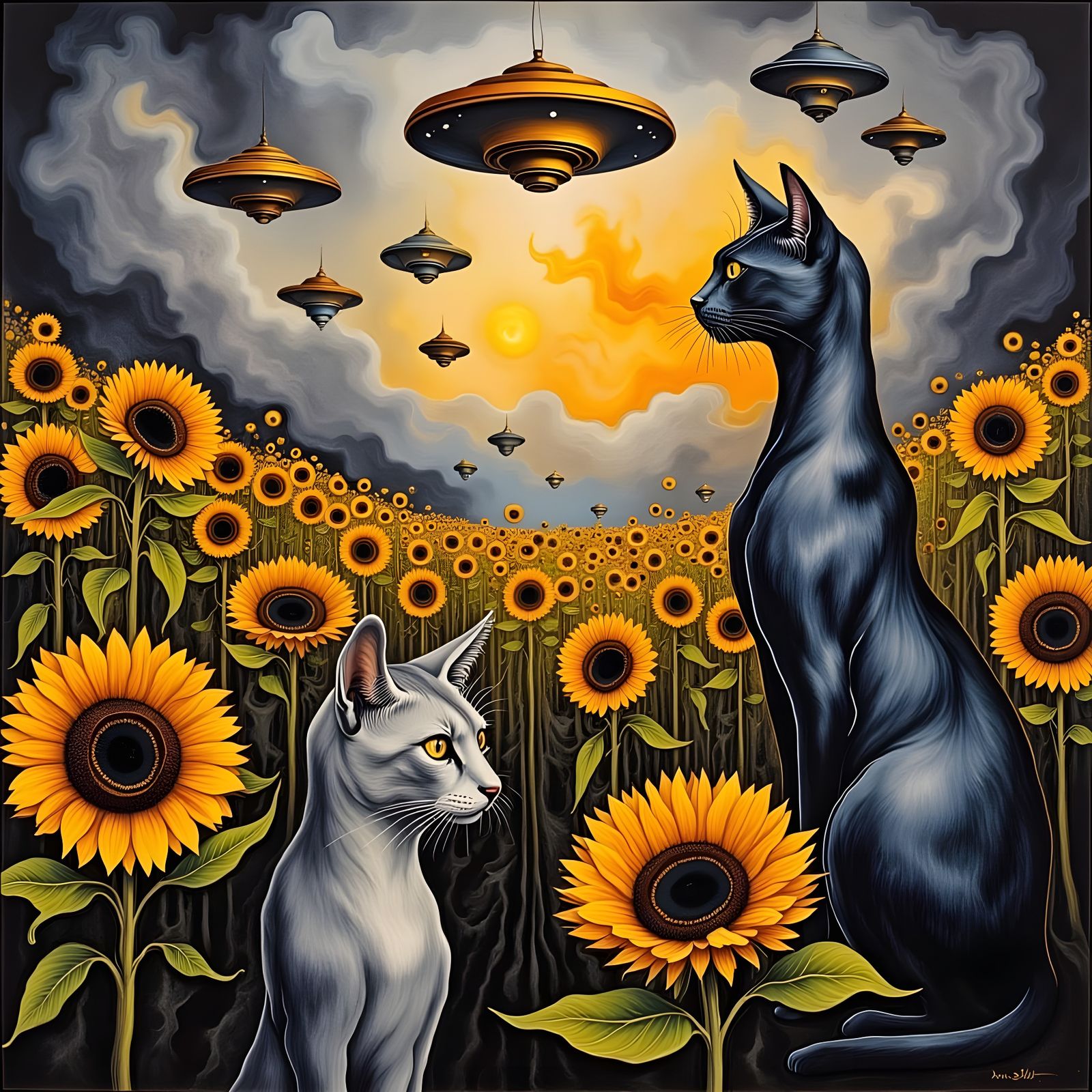 UFOs Landing Near Giant Cats in Pastel Style