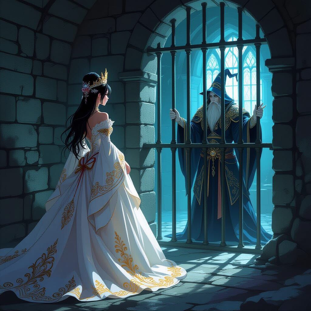 Queen Confronts Sorcerer in Dimly Lit Dungeon